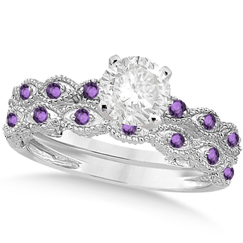 Vintage Lab Diamond & Amethyst Bridal Set Palladium 0.70ct