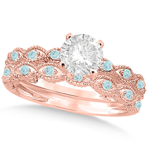 Vintage Lab Diamond & Aquamarine Bridal Set 14k Rose Gold 1.20ct