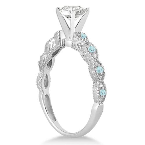 Vintage Lab Diamond & Aquamarine Bridal Set 18k White Gold 0.95ct