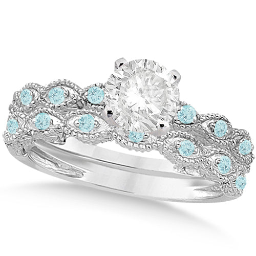 Vintage Lab Diamond & Aquamarine Bridal Set Palladium 1.70ct