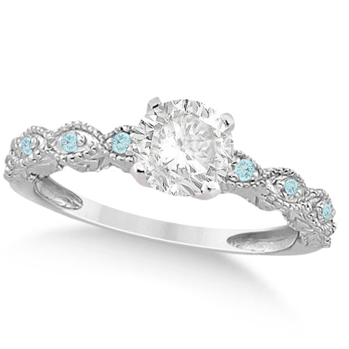 Vintage Lab Diamond & Aquamarine Bridal Set Palladium 1.70ct