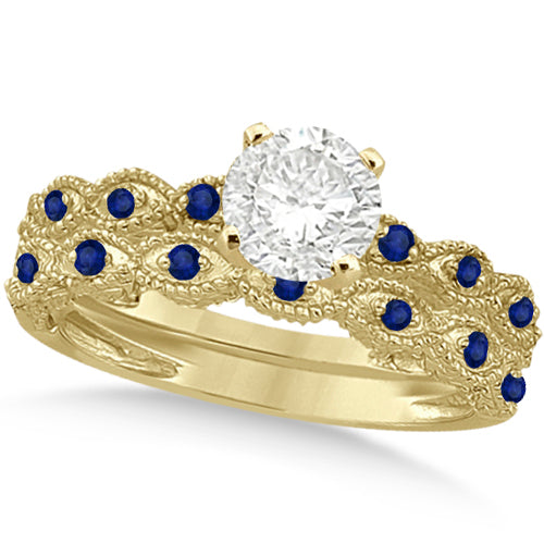 Vintage Lab Diamond & Blue Sapphire Bridal Set 14k Yellow Gold 1.70ct