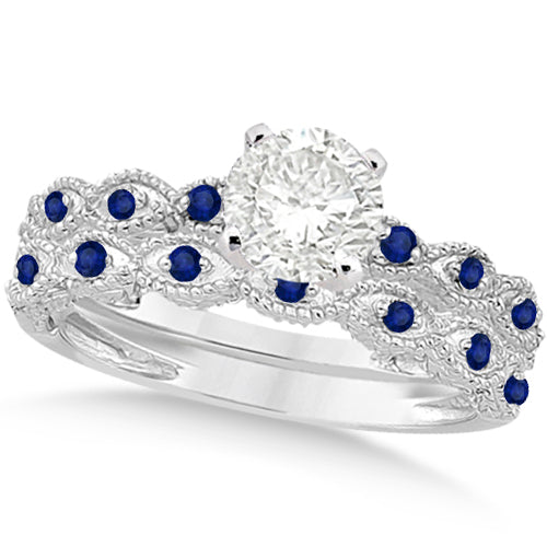 Vintage Lab Diamond & Blue Sapphire Bridal Set 18k White Gold 1.70ct