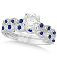 Vintage Lab Diamond & Blue Sapphire Bridal Set 18k White Gold 1.70ct