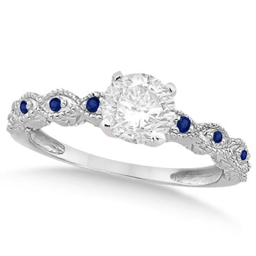 Vintage Lab Diamond & Blue Sapphire Bridal Set 18k White Gold 1.70ct