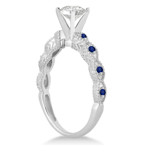 Vintage Lab Diamond & Blue Sapphire Bridal Set 18k White Gold 1.70ct