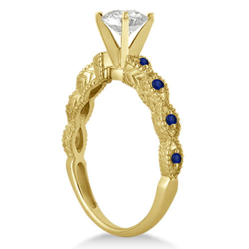 Vintage Lab Diamond & Blue Sapphire Bridal Set 18k Yellow Gold 1.70ct