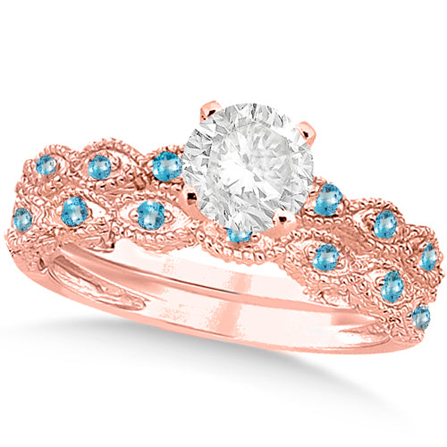 Vintage Lab Diamond & Blue Topaz Bridal Set 14k Rose Gold 0.95ct