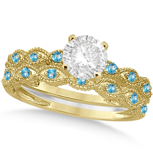 Vintage Lab Diamond & Blue Topaz Bridal Set 14k Yellow Gold 1.70ct