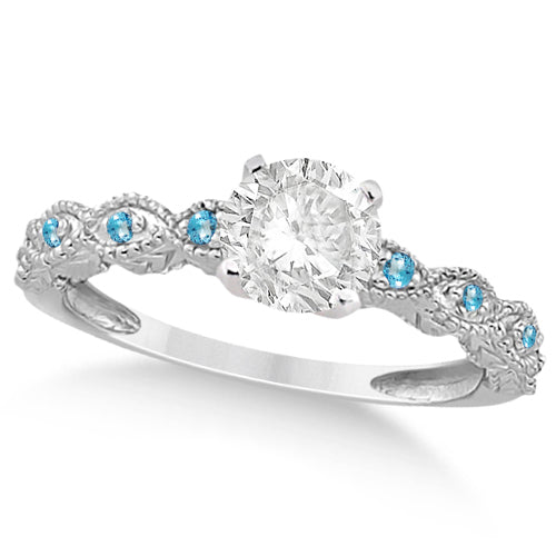 Vintage Lab Diamond & Blue Topaz Bridal Set 18k White Gold 1.70ct