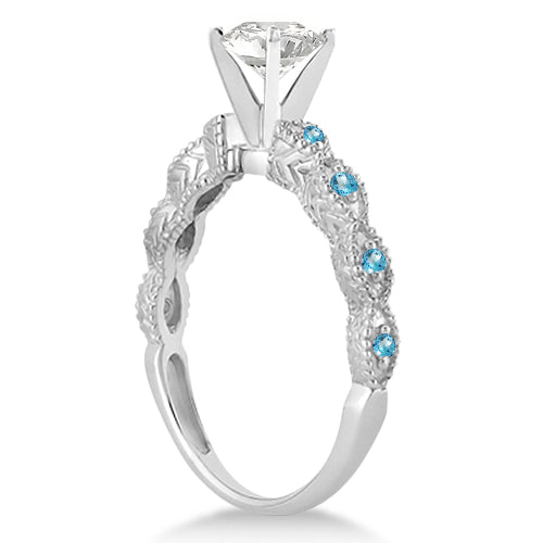 Vintage Lab Diamond & Blue Topaz Bridal Set 18k White Gold 1.20ct