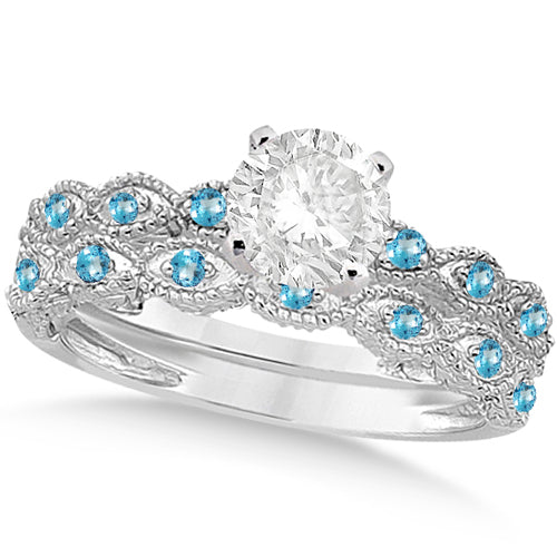 Vintage Lab Diamond & Blue Topaz Bridal Set Platinum 1.70ct