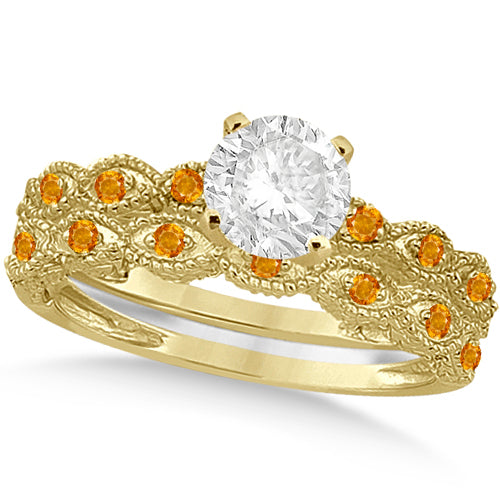 Vintage Lab Diamond & Citrine Bridal Set 14k Yellow Gold 0.95ct