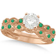 Vintage Lab Diamond & Emerald Bridal Set 14k Rose Gold 0.95ct