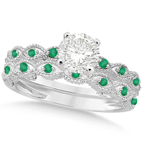 Vintage Lab Diamond & Emerald Bridal Set 14k White Gold 0.70ct