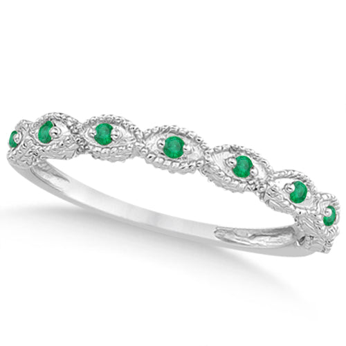Vintage Lab Diamond & Emerald Bridal Set 14k White Gold 0.70ct