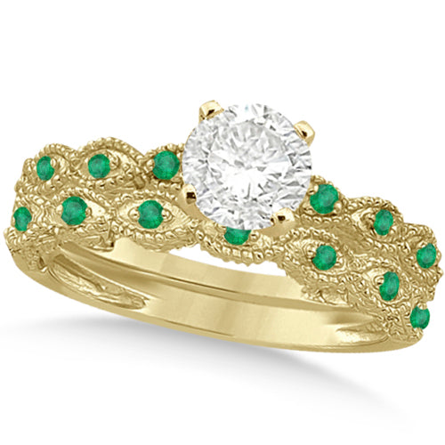 Vintage Lab Diamond & Emerald Bridal Set 18k Yellow Gold 1.20ct