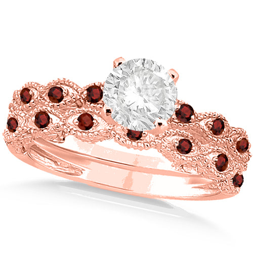 Vintage Lab Diamond & Garnet Bridal Set 14k Rose Gold 0.95ct