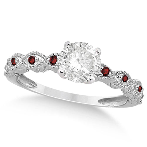 Vintage Lab Diamond & Garnet Bridal Set 14k White Gold 1.20ct