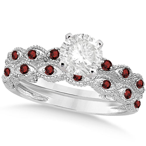 Vintage Lab Diamond & Garnet Bridal Set Platinum 1.70ct