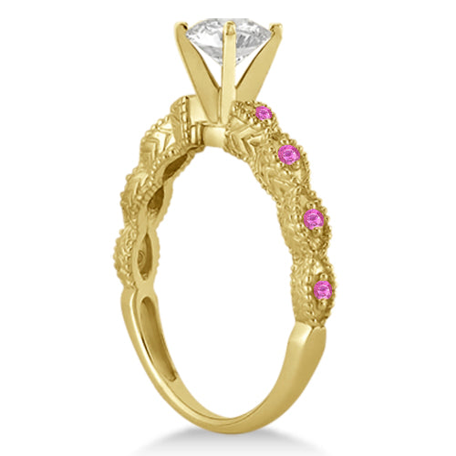 Vintage Lab Diamond & Pink Sapphire Bridal Set 14k Yellow Gold 1.20ct