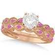 Vintage Lab Diamond & Pink Sapphire Bridal Set 18k Rose Gold 0.95ct