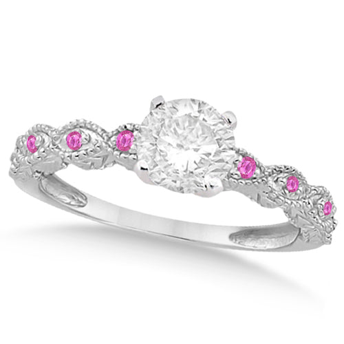 Vintage Lab Diamond & Pink Sapphire Bridal Set 18k White Gold 0.95ct