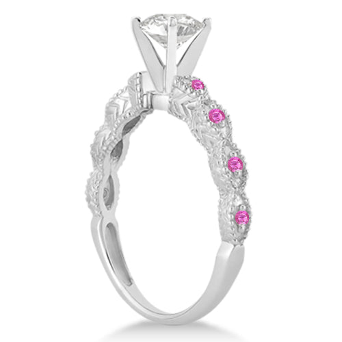 Vintage Lab Diamond & Pink Sapphire Bridal Set 18k White Gold 1.20ct