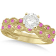 Vintage Lab Diamond & Pink Sapphire Bridal Set 18k Yellow Gold 0.95ct