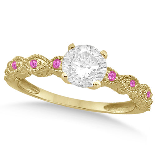 Vintage Lab Diamond & Pink Sapphire Bridal Set 18k Yellow Gold 0.95ct