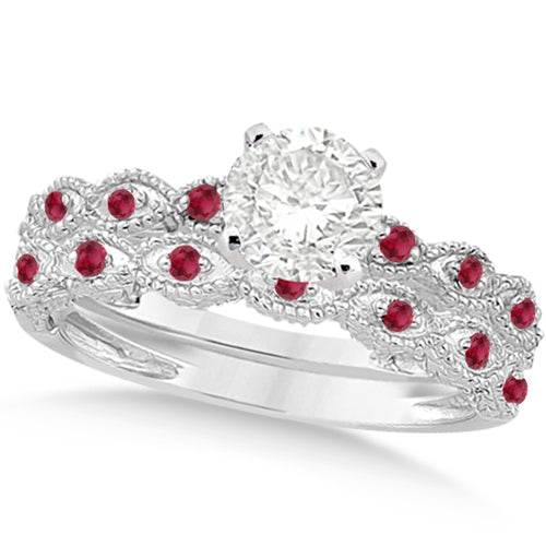 Vintage Diamond & Ruby Bridal Set 14k White Gold 1.70ct