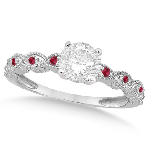 Vintage Lab Diamond & Ruby Bridal Set 14k White Gold 0.95ct