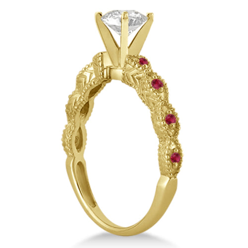 Vintage Lab Diamond & Ruby Bridal Set 18k Yellow Gold 0.95ct