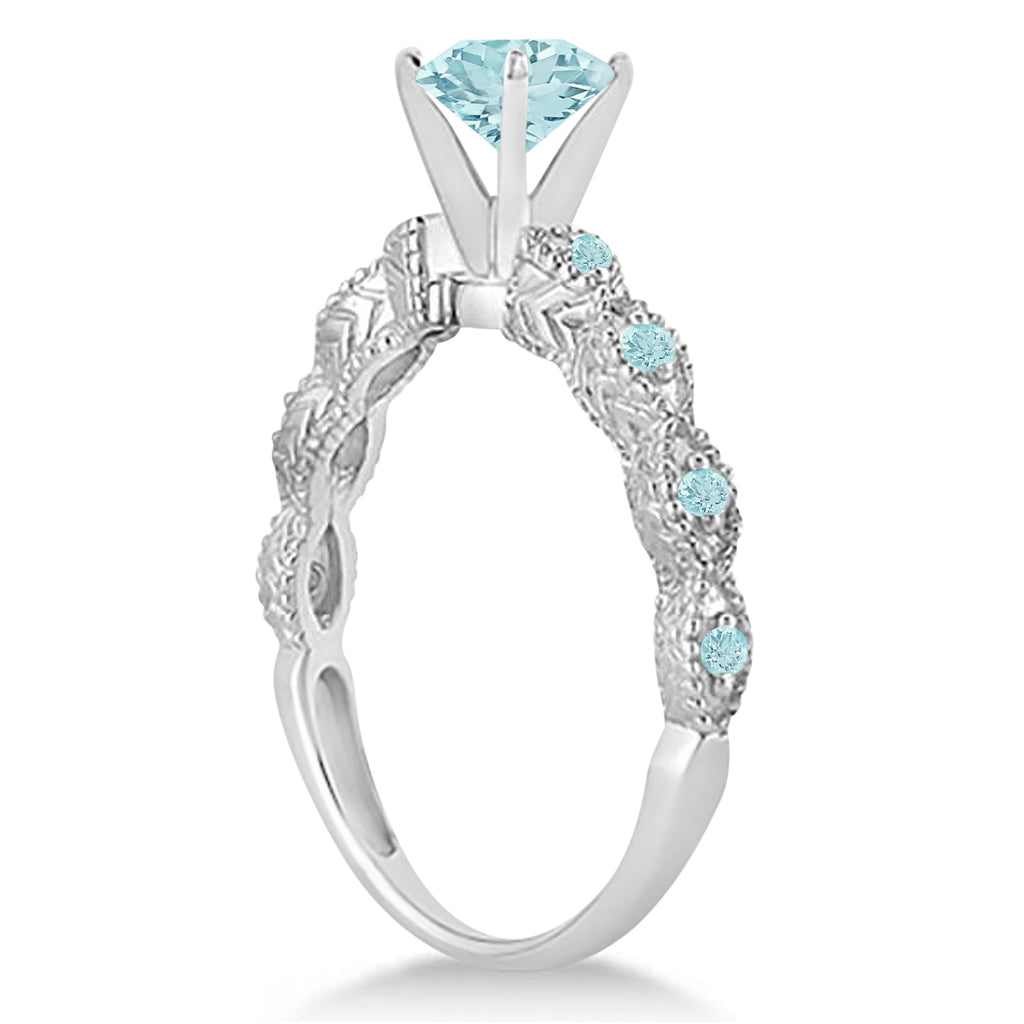 Vintage Aquamarine Engagement Ring Bridal Set 18k White Gold (1.36ct)