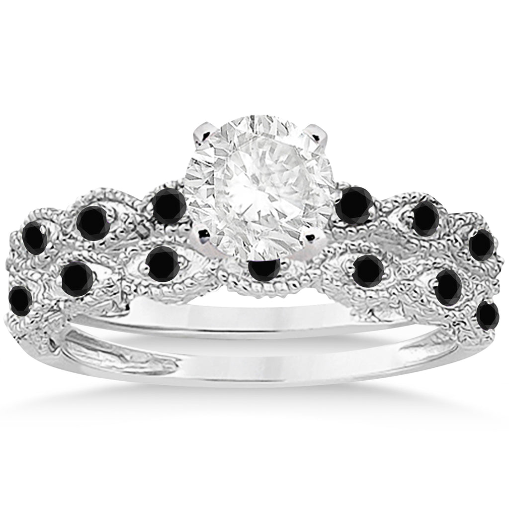 Antique Petite Black Diamond Bridal Ring Set 18k White Gold (0.20ct)