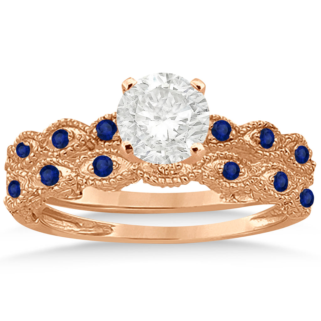 Antique Blue Sapphire Engagement Ring Set 14k Rose Gold (0.36ct)