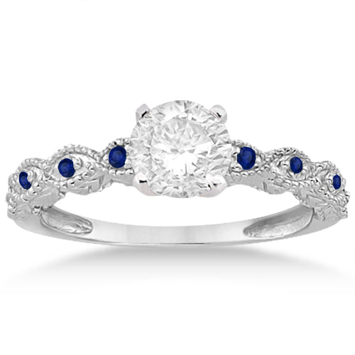 Antique Blue Sapphire Engagement Ring Set 18k White Gold (0.36ct)