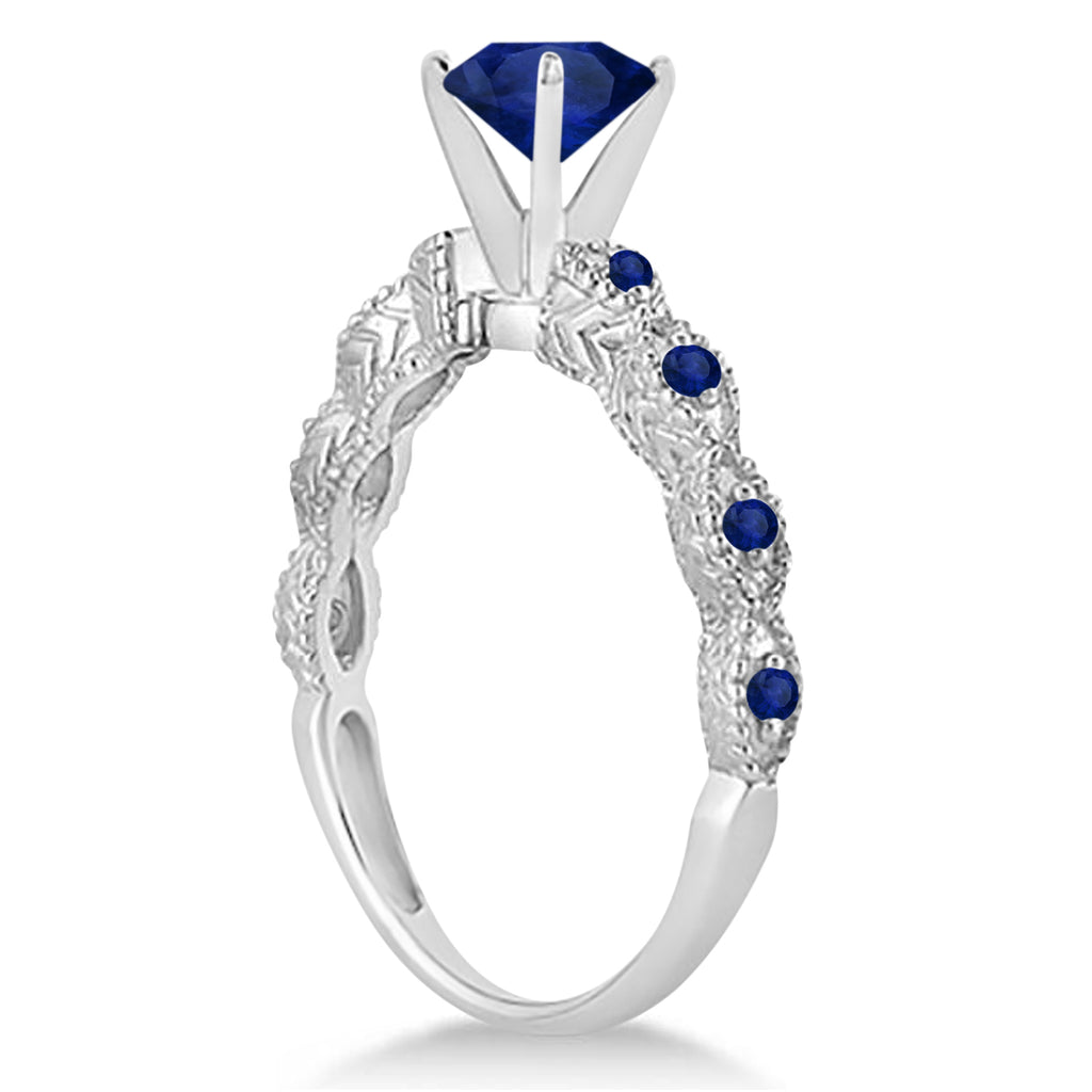 Vintage Blue Sapphire Engagement Ring Bridal Set 18k White Gold 1.36ct