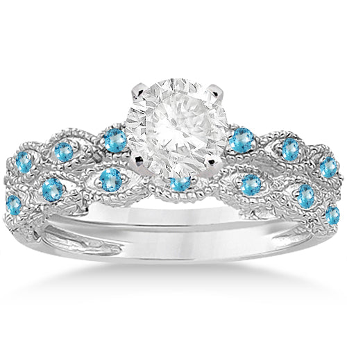 Antique Blue Topaz Bridal Set Marquise Shape 14K White Gold 0.36ct