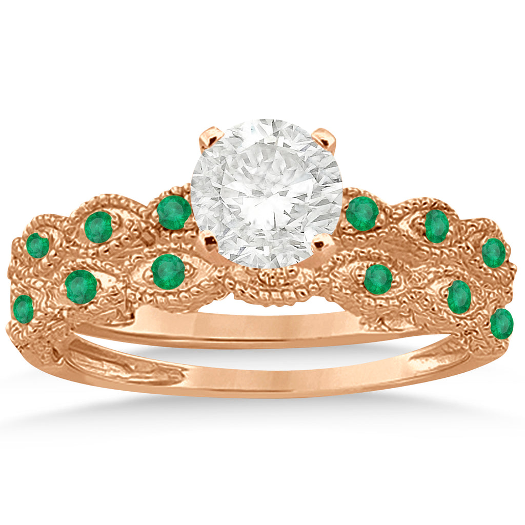 Antique Emerald Engagement Ring & Wedding Band 18k Rose Gold (0.36ct)