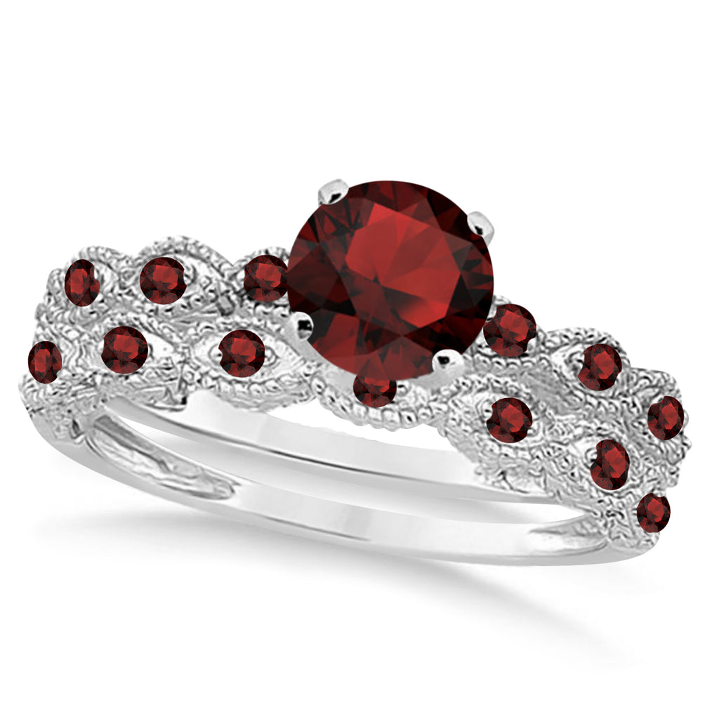 Vintage Garnet Engagement Ring Bridal Set 14k White Gold 1.36ct