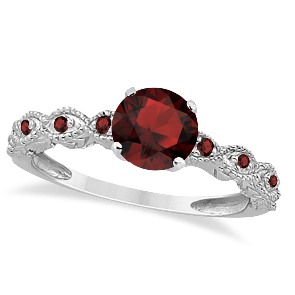 Vintage Garnet Engagement Ring Bridal Set 14k White Gold 1.36ct