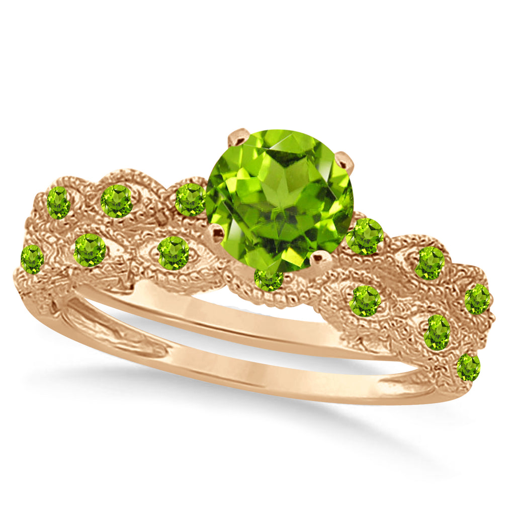 Vintage Peridot Engagement Ring Bridal Set 14k Rose Gold 1.36ct