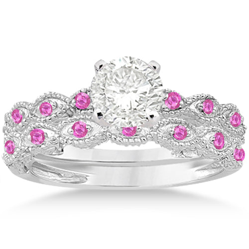 Antique Pink Saphpire Engagement Ring Set 14k White Gold (0.36ct)