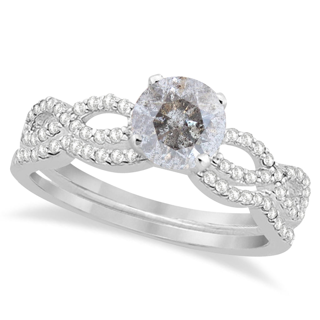 Twisted Infinity Round Salt & Pepper Diamond Bridal Ring Set 14k White Gold (0.88ct)