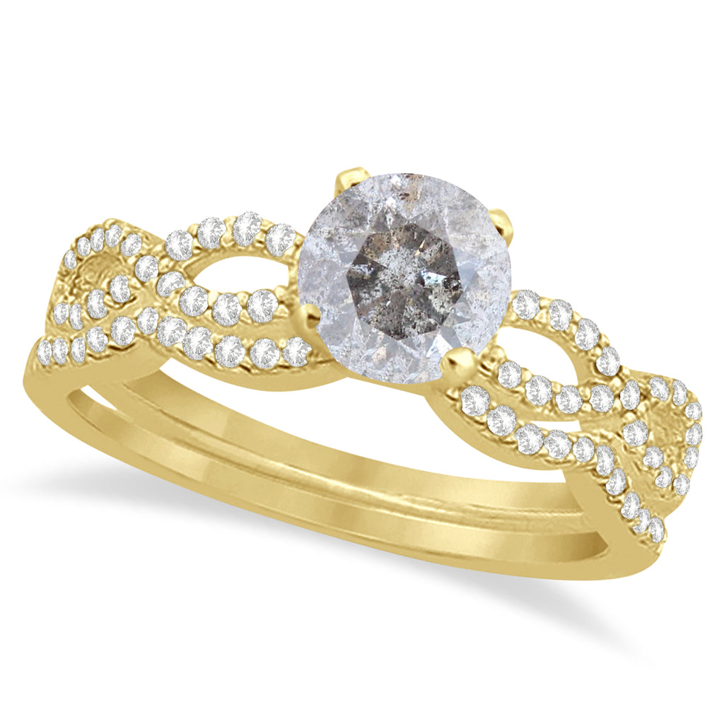 Twisted Infinity Round Salt & Pepper Diamond Bridal Ring Set 14k Yellow Gold (0.88ct)