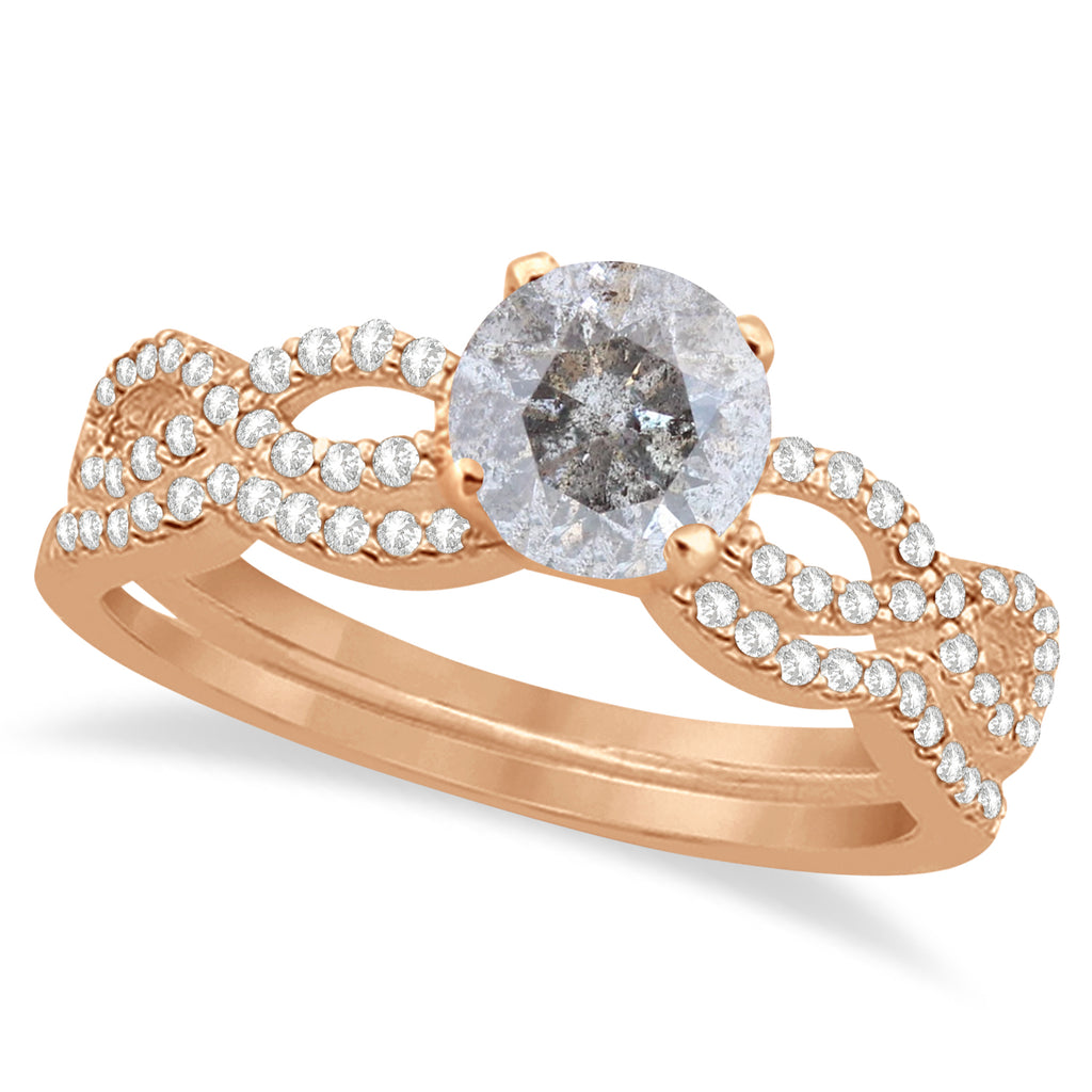 Twisted Infinity Round Salt & Pepper Diamond Bridal Ring Set 14k Rose Gold (1.13ct)