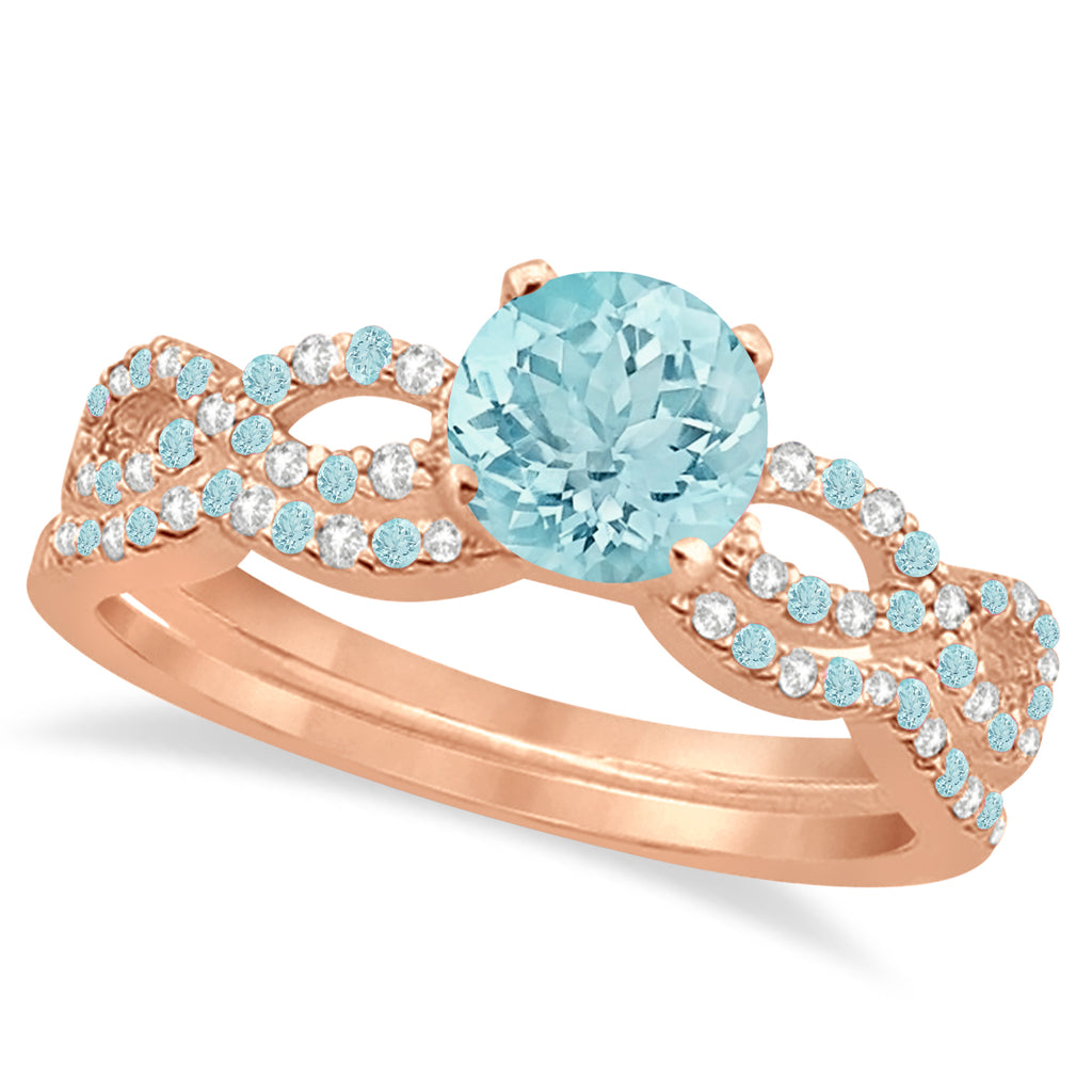 Diamond & Aquamarine Infinity Style Bridal Set 14k Rose Gold 2.24ct