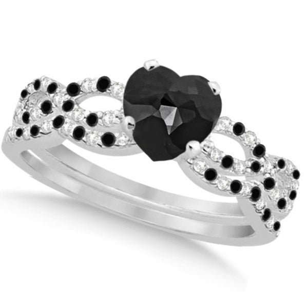 Black Diamond & Diamond Heart Infinity Bridal Set 14k W. Gold 1.45ct