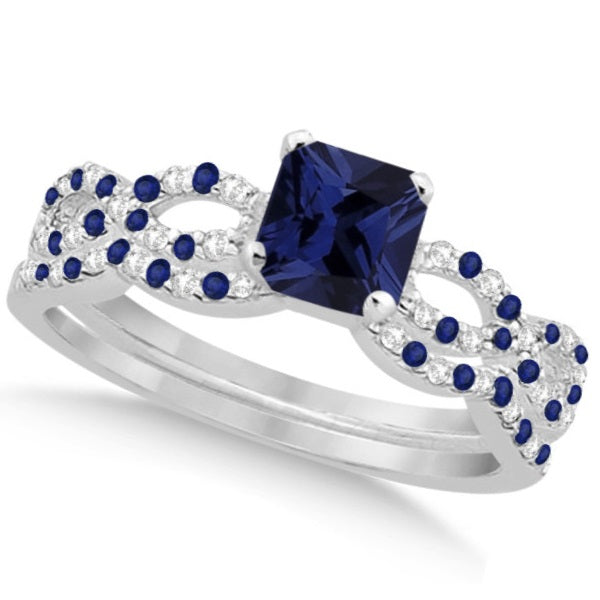 Blue Sapphire & Diamond Princess Infinity Bridal Set 14k W Gold 1.74ct